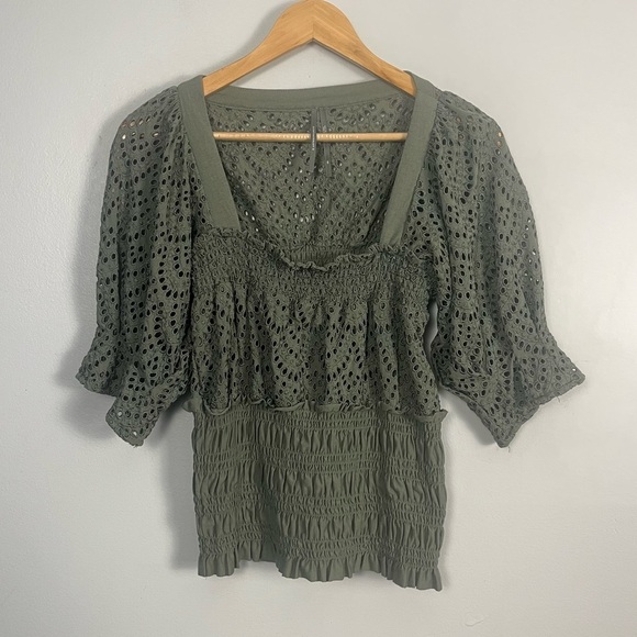 By Anthropologie Sage Smocked Eyelet Top Embroidered Puff Sleeve Square Neck XS - Picture 1 of 6